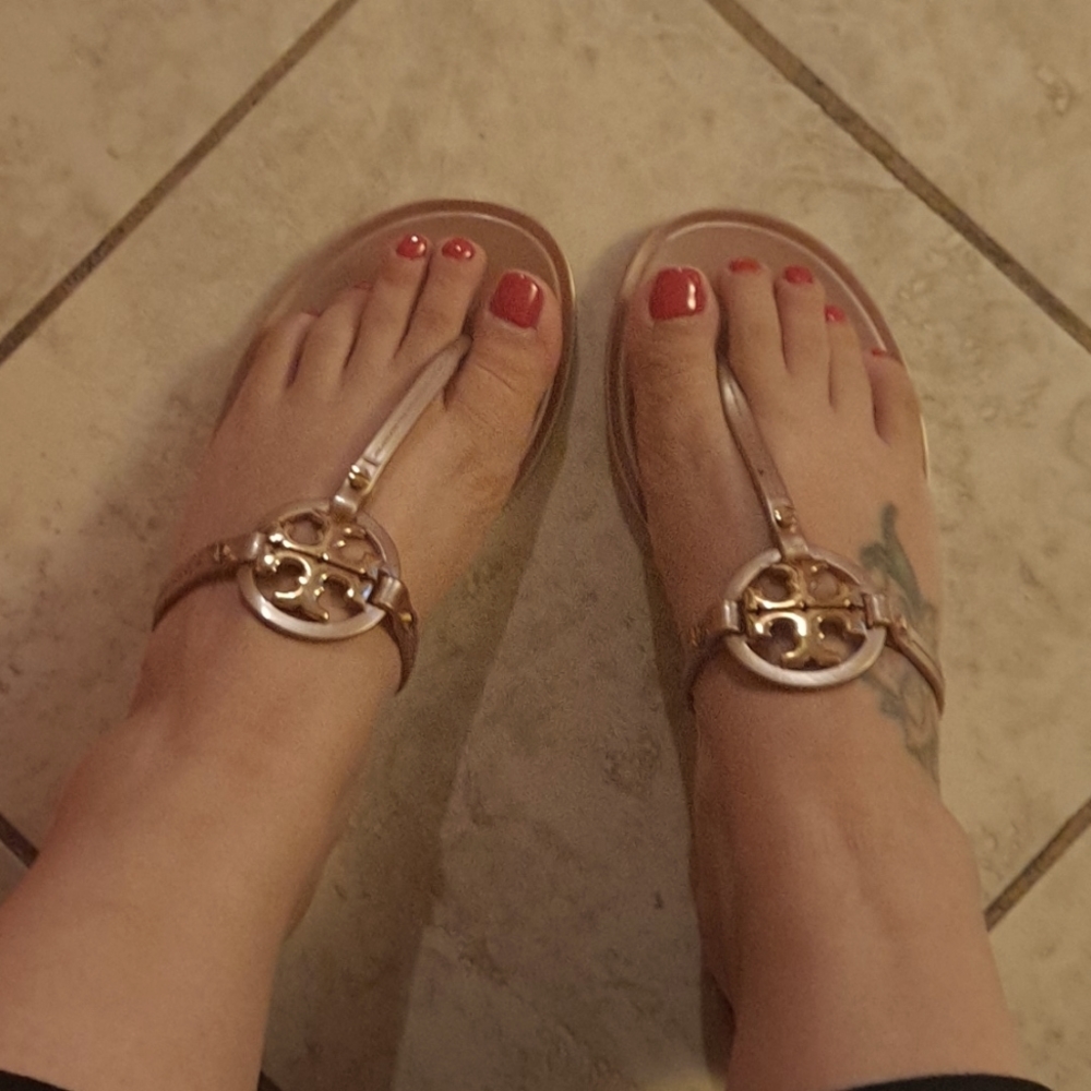 Tory Burch Tan Gold Logo Thong Sandals